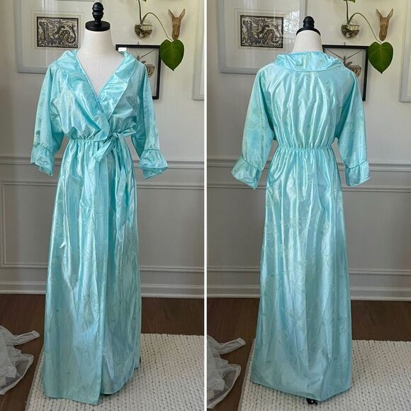 Vintage 80s Preview USA Aqua Satin Ruffle Robe M L - Picture 1 of 8